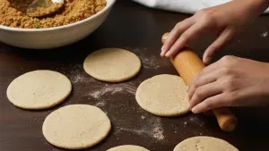 Rolling stuffed dough into small flat discs.
