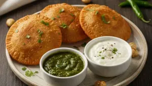 Makhana kachori served with green chutney and yogurt dip.
