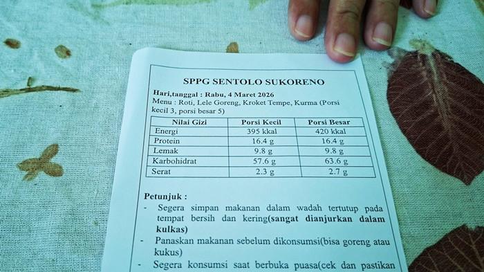 KANDUNGAN GIZI - Kertas berisi rincian kandungan gizi yang disertakan pada tiap paket makanan MBG. Prosedur itu mulai berlaku sejak Senin (02/03/2026).