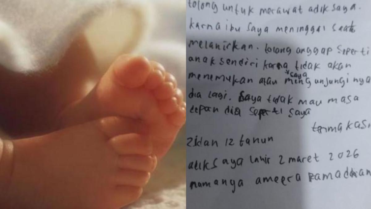 KAKAK TINGGALKAN ADIK - Surat yang ditinggalkan diduga kakak bayi perempuan yang ditemukan di gerobak nasi uduk di Pejaten, Pasar Minggu, Jakarta Selatan, Selasa (3/2/2026).