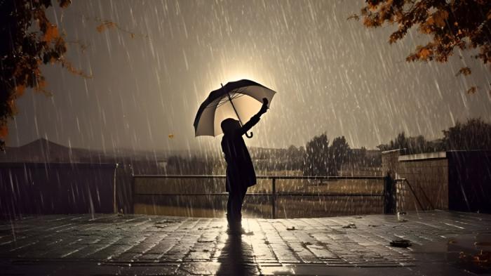 HUJAN- Ilustrasi sebuah gambar yang menunjukkan seseorang dengan payung berada di tengah guyuran hujan.
