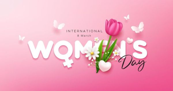 This may contain: the international women's day logo with flowers and butterflies on a pink background,