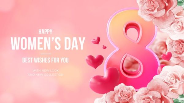 This may contain: pink roses and hearts are arranged around the number 8 on a pink background with text that reads, happy women's day & best wishes for you