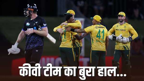 Half the team out in the power play, New Zealand is in bad shape, South Africa is out for just this many runs.