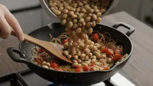 Cooked beans added to onion and tomato mixture in pan.