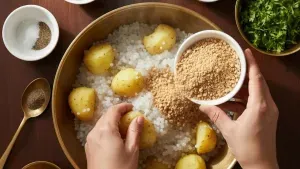 Adding ingredients for Sabudana Tikki.