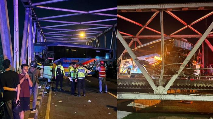 TABRAK PEMBATAS JALAN - Bus Sugeng Rahayu menabrak pembatas jalan di Jembatan Jurug, Jebres, Solo, Kamis (19/3/2026) dini hari. Insiden ini mengakibatkan empat orang mengalami luka-luka dan harus mendapatkan perawatan. Empat korban dibawa ke RSUD dr Moewardi