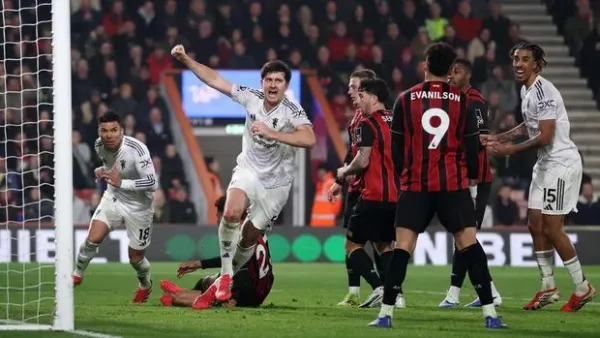BOURNEMOUTH, ENGLAND - MARCH 20: Harry Maguire of Manchester United celebrates scoring his team's second goal during the Premier League match between Bournemouth and Manchester United at Vitality Stadium on March 20, 2026 in Bournemouth, England. (Photo by Ryan Pierse/Getty Images)