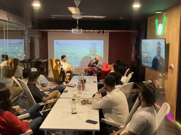 Sajith Pai, partner at Blume Ventures, in a fireside chat with residents of the hacker house