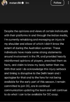 Mitchell Starc's Instagram story Mitchell Starc's Instagram story