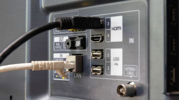 HDMI and other connection ports on the back of a TV.