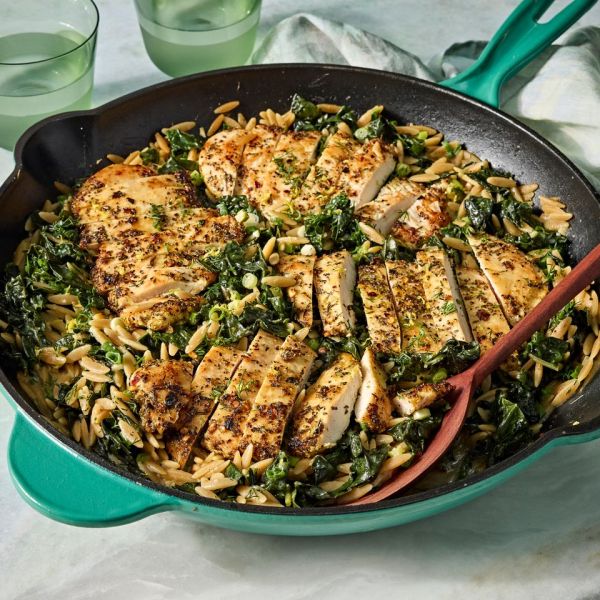 A recipe image of High-Protein Dill Chicken Orzo. Credit: Photographer: Jen Causey, Food Stylist: Chelsea Zimmer, Prop Stylist: Claire Spolle.
