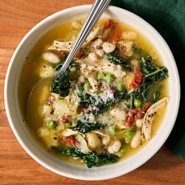Recipe image of High-Protein High-Fiber Chicken Soup Credit: Photographer: Jen Causey, Food Stylist: Chelsea Zimmer, Prop Stylist: Claire Spollen.