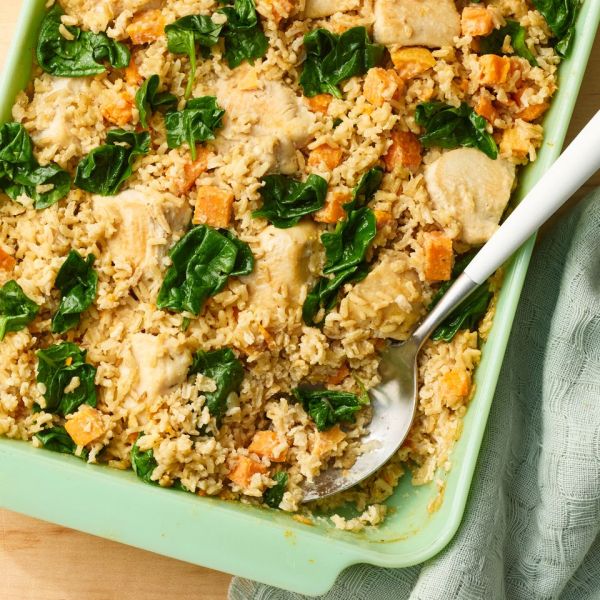 A recipe image of High-Protein Chicken Brown Rice Casserole. Credit: Photographer: Greg Dupree, Prop Stylist: Claire Spollen, Food Stylist: Chelsea Zimmer