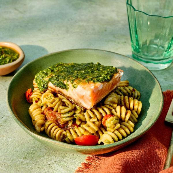 Recipe image of Salmon, Pesto & Tomato Pasta Credit: Photographer: Jake Sternquist, Food Stylist: Shannon Goforth, Prop Stylist: Breanna Ghazali.