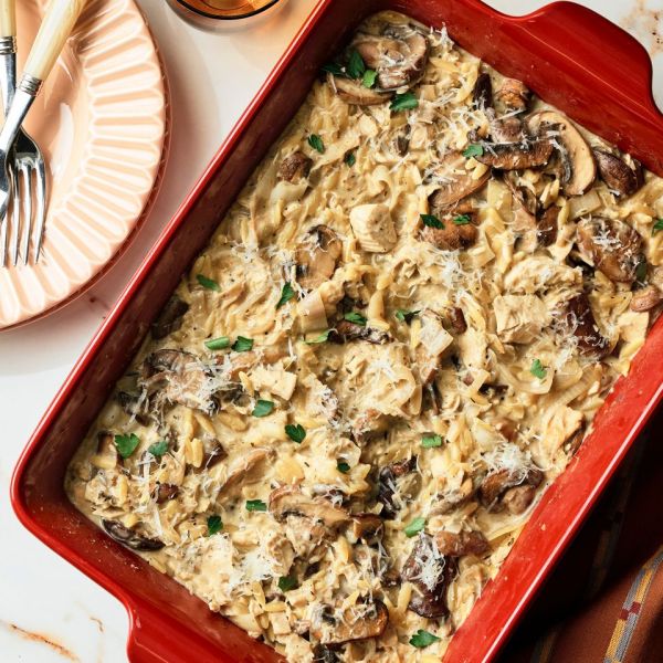 A recipe image of Chicken Marsala Casserole Credit: Photographer: Greg DuPree, Food Stylist: Margaret Dickey, Prop Stylist: Abby Armstrong.