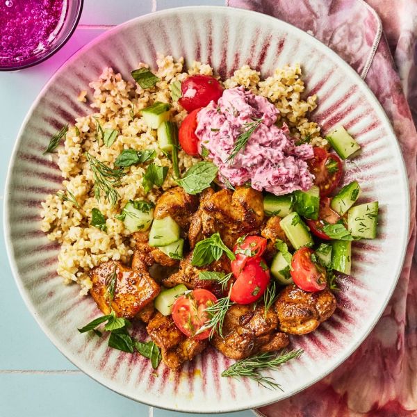 Recipe image of chicken shawarma. Credit: Photographer: Greg Dupree, Prop Stylist: Julia Bayless, Food Stylist: Chelsea Zimmer.