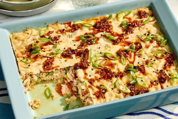 A recipe image of Dumpling Lasagna. Credit: Photographer: Robby Lozano, Food Stylist: Julia Levy, Prop Stylist: Christina Daley.