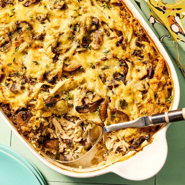 Recipe image of Rotisserie Chicken, Mushroom & Rice Casserole. Credit: Photographer: Morgan Hunt Ward, Prop Stylist: Pheobe Hausser, Food Stylist: Jennifer Wendorf.