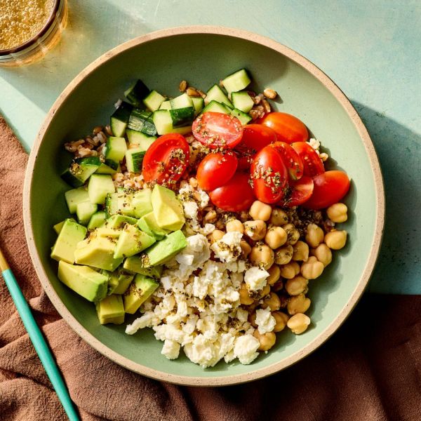 A recipe image of Chickpea-Farro Grain Bowl Credit: Photographer: Jake Sternquist, Food Stylist: Shannon Goforth, Prop Stylist: Breanna Ghazali.