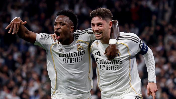 SELEBRASI - Gelandang Real Madrid, Federico Valverde (kanan) bersama Vinicius Junior (kiri) saat pertandingan melawan Manchester City pada leg pertama babak 16 besar Liga Champions, Kamis (12/3/2026) dini hari WIB.