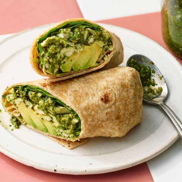 A recipe image of High-Protein Chicken Wrap Credit: Photographer: Greg Dupree, Prop Stylist: Claire Spollen, Food Stylist: Chelsea Zimmer