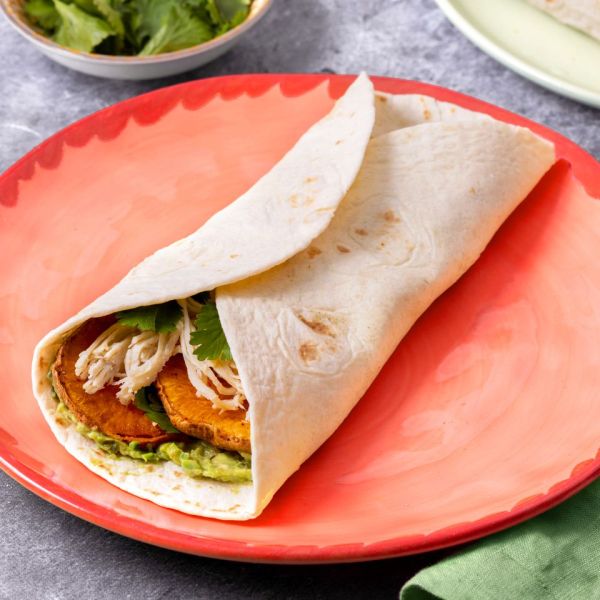 Recipe image of Chicken & Sweet Potato Wrap. Credit: Photographer: Abbey Littlejohn.