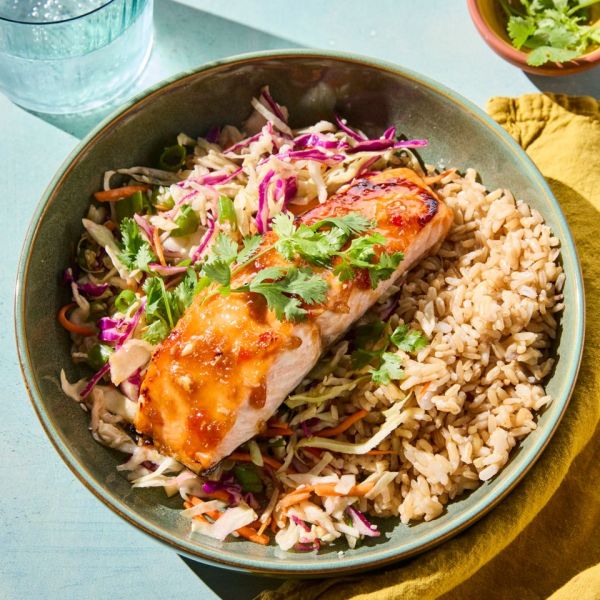 Recipe image of Sweet Thai Chili Salmon Bowls. Credit: Food: Sammy Mila, Photos: Jason Donnelly, Props: Breanna Ghazali