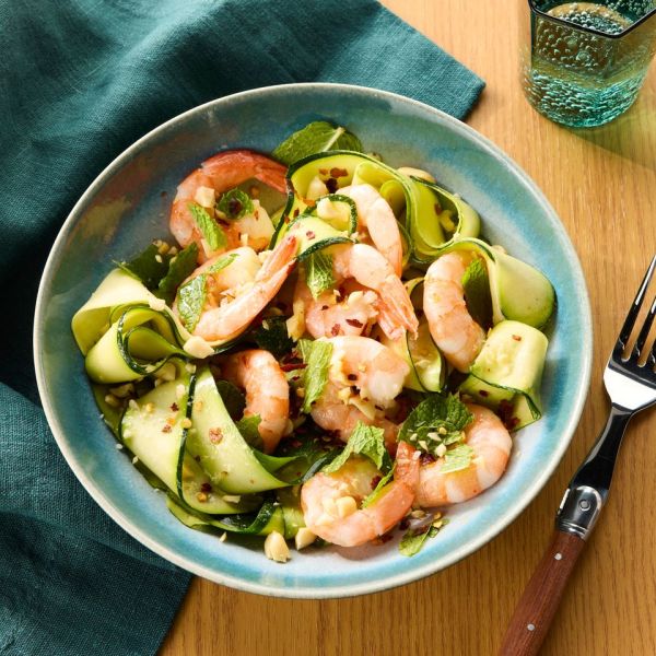 a recipe photo of Ginger-Soy Zucchini Noodles with Shrimp Credit: Photographer: Jacob Fox, Food Stylist: Sammy Mila, Prop Stylist: Joseph Wanek.