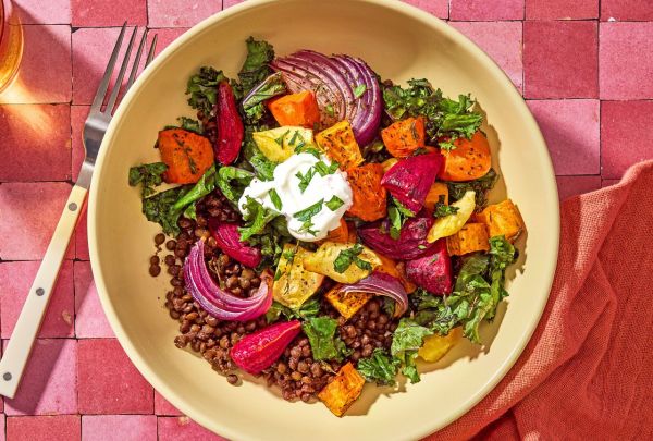 A bowl of Roasted Root Veggies & Greens over Spiced Lentils Credit: Ali Redmond