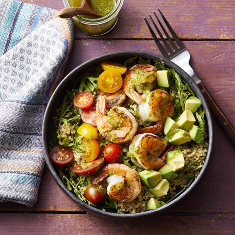 Charred Shrimp, Pesto & Quinoa Bowls