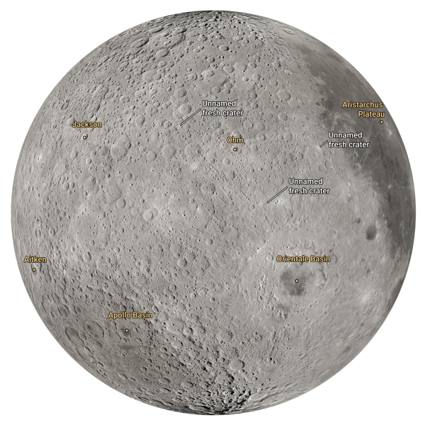 Shortly after 2 p.m. EDT, the crew described two small, unnamed craters on the heavily pockmarked lunar surface. Calling down to Earth, they suggested provisional names for them. Just northwest of Orientale basin, highlighted above, is a crater they would like to name Integrity after their spacecraft and this historic mission. Just northeast of the Integrity crater, on the near and far side boundary, and sometimes visible from Earth, the crew suggested an unnamed crater be designated Carroll in honor of Reid Weisman’s wife, Carroll Taylor Wiseman, who passed away on May 17, 2020. After this mission is complete, the crater name proposals will be formally submitted to the International Astronomical Union, an organization that governs the naming of celestial bodies and their surface features.