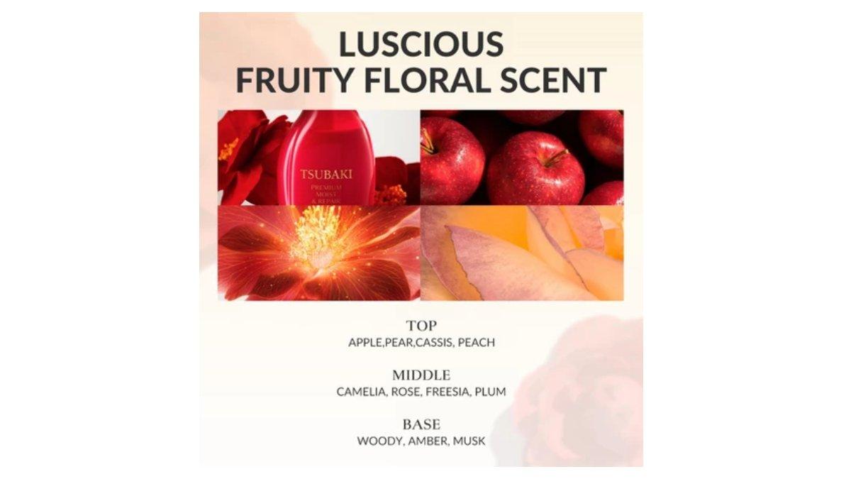 Ilustrasi karakter dan aroma dari TSUBAKI Premium Moist & Repair Shampoo