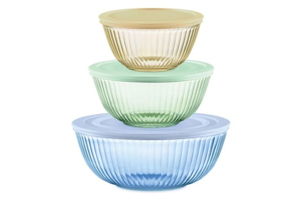 Pyrex Colors Tinted (3-Pack, Full Set) Sculpted Tinted Glass Mixing Bowls With Lids, Nesting Space Credit: Amazon