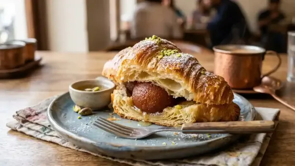 : A close-up, eye-level shot of a golden-brown, flaky croissant sliced ​​open and filled with a large, syrupy gulab jamun. The pastry is lightly dusted with powdered sugar and garnished with crushed green pistachios.