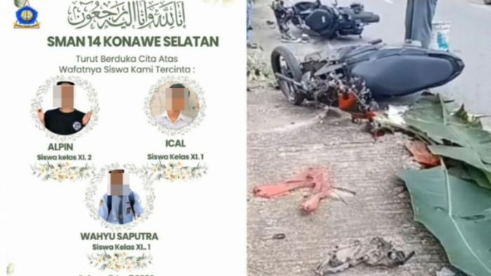 TABRAKAN SISWA KONSEL - Kolase foto kondisi 2 motor usai bertabrakan di Jalan Poros Desa Opaasi, Kecamatan Ranomeeto Barat, Konawe Selatan (Konsel), Sulawesi Tenggara (Sultra), Selasa (7/4/2026) sekitar pukul 13.45 wita, dan ungkapan duka atas kepergian 3 korban meninggal yang merupakan siswa SMAN 14 Konsel yang diunggah akun Instagram @official_sman14konsel. Dua korban meregang nyawa di tempat yakni siswa kelas XI.2 berinisial A, dan siswa kelas XI.1 berinisial I, disusul korban WS yang berpulang setelah sempat menjalani perawatan intensif di Rumah Sakit (RS) Bahteramas Kendari.(handover, akun IG @official_sman14konsel)