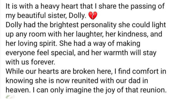 Sister Lindsey Cooper announcing Dolly Martinezs death