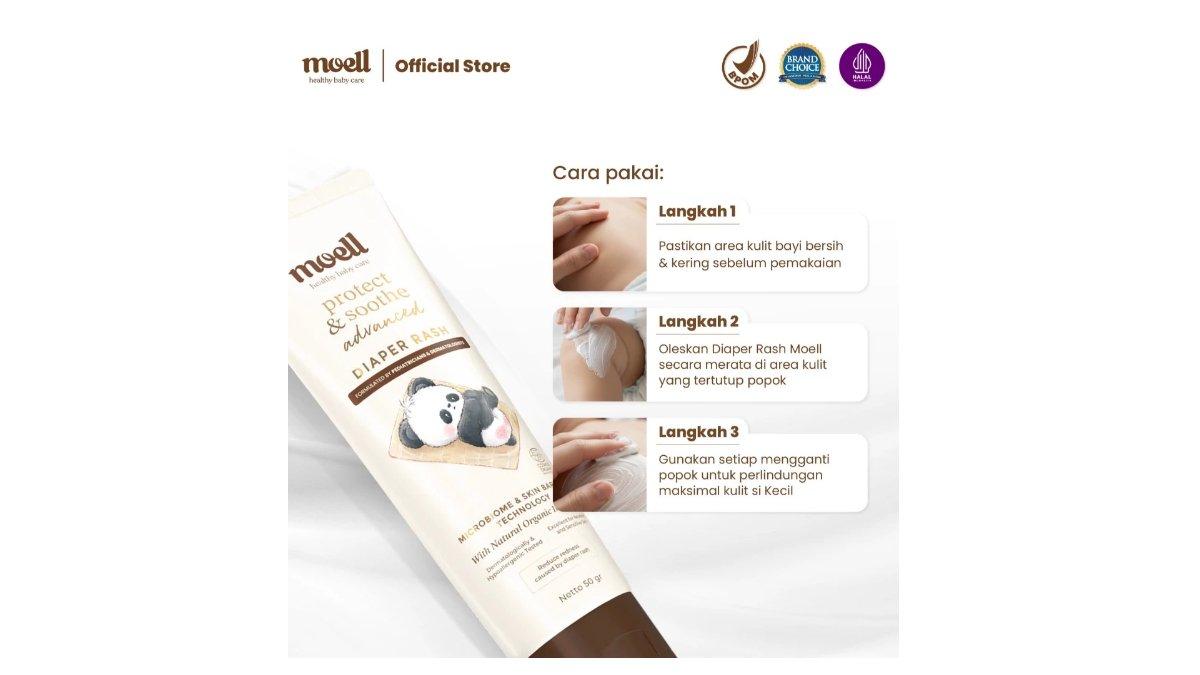 Ilustrasi cara pakai yang benar dari produk Moell Diaper Rash Advanced 50gr