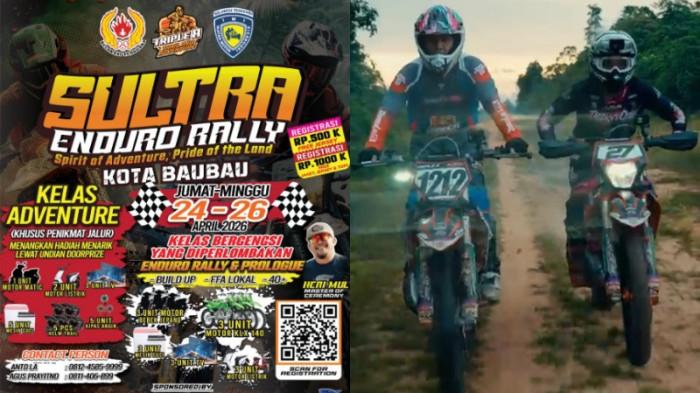 SULTRA ENDURO RALLY - Kolase flyer Sultra Enduro Rally yang akan berlangsung di Kota Baubau, Sulawesi Tenggara (Sultra), serta foto arsip 2 rider komunitas Triple A Trail and Adventure menunggangi motor trail di Kota Kendari, beberapa waktu lalu. Event trabas ini digelar menyongsong Pekan Olahraga Provinsi atau Porprov Sultra 2026.(Kolase foto Triple A Trail and Adventure)
