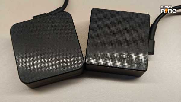 The 68W charger that ships with the top-spec flagship is slightly smaller than the 65W charger that ships with everything else. (Image Credit: Aditya Madanapalle/News9). 
