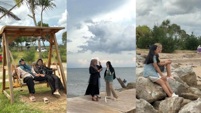 Spot foto Instagramable di Pantai Borneo Beach Jorong, Swarangan, Kabupaten Tanahlaut. Ada ayunan kayu estetik, jembatan jadi tempat tiktokan remaja hingga bebatuan untuk duduk santai.   