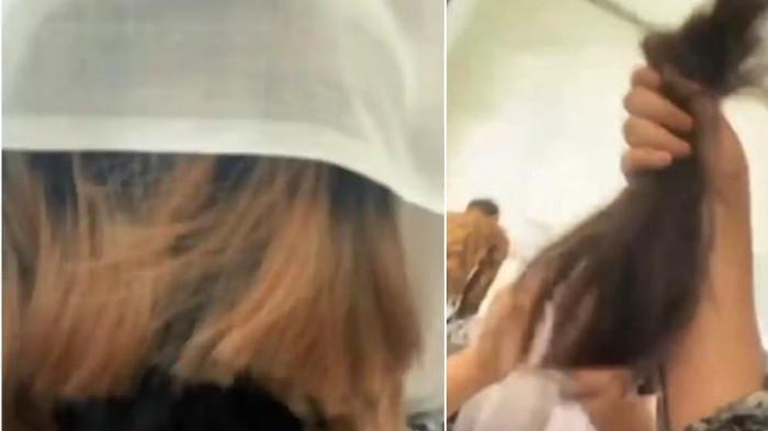 RAMBUT SISWA DIPOTONG - Para siswi nampak menunjukkan potongan rambut mereka yang diduga dipangkas secara paksa oleh seorang oknum guru, orang tua sampai marah besar.