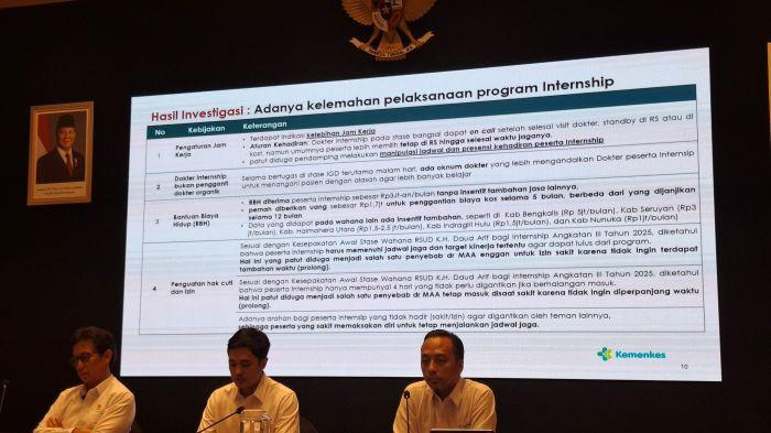 KELEBIHAN JAM KERJA- Kementerian Kesehatan (Kemenkes) mengungkap adanya sejumlah kelemahan dalam pelaksanaan program internsip di RSUD Kuala Tungkal, Jambi, setelah meninggalnya dokter internsip, dr. Myta pada 1 Mei 2026. Plt Inspektur Jenderal Kemenkes Rudi Supriatna Nata Saputra memaparkan hal tersebut saat konferensi pers di kantor Kemenkes, Kuningan, Jakarta Selatan, Kamis (7/5/2026).