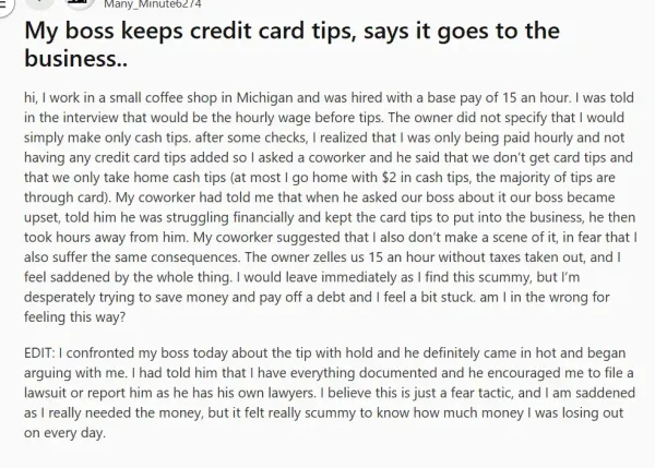 Michigan coffee shop worker alleges boss keeps credit card tips