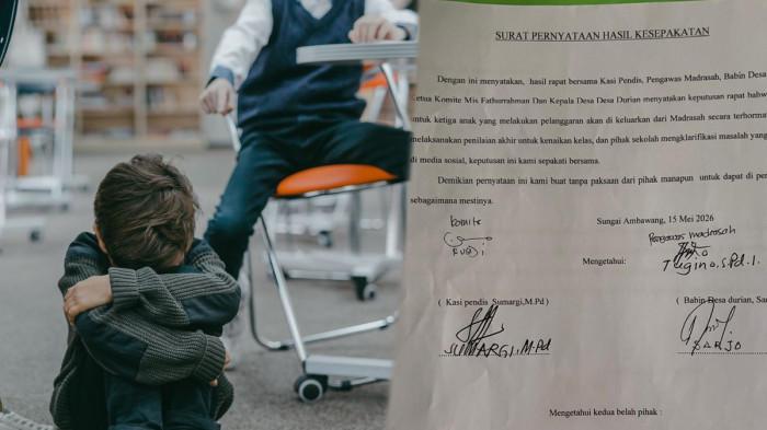 BULLYING AMBAWANG - Kolase ilustrasi siswa dibully dan surat pernyataan penyelesaikan persoalan bullying atau perundungan yang terjadi di sebuah madrasah di Kecamatan Ambawang, Kubu Raya pada 13 Mei 2026 lalu.