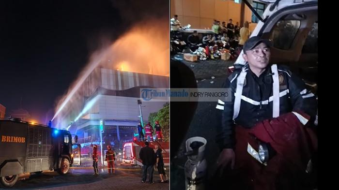 KEBAKARAN - Kolase foto proses pemadaman api di Megamal Manado, Sabtu 16 Mei 2026 dan foto Relawan Air Oktavianus