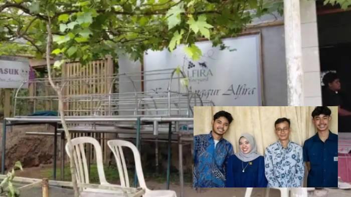 SATU KELUARGA- (kiri-kanan) Bagas Amar Hakiki (21) Maghfirah (43) Muhamad Ali Munawar (52), dan Alvino Evan Hakim (16) dalam sebuah foto keluarga. Satu keluarga tersebut ditemukan meninggal dunia di dalam tenda Glamping Safari Nomor 3, Rabu (27/5/2026) sore. (foto besar) 4 keranda yang disiapkan untuk mengangkut jenazah ke tempat pemakaman.
