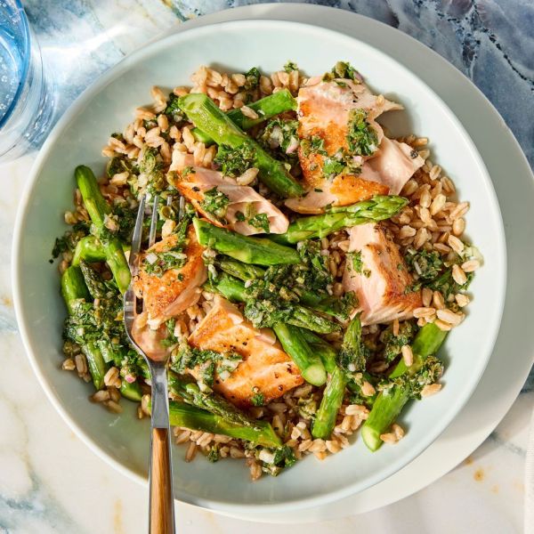 A recipe image of Salmon Piccata Grain Bowl. Credit: Photographer: Jen Causey.