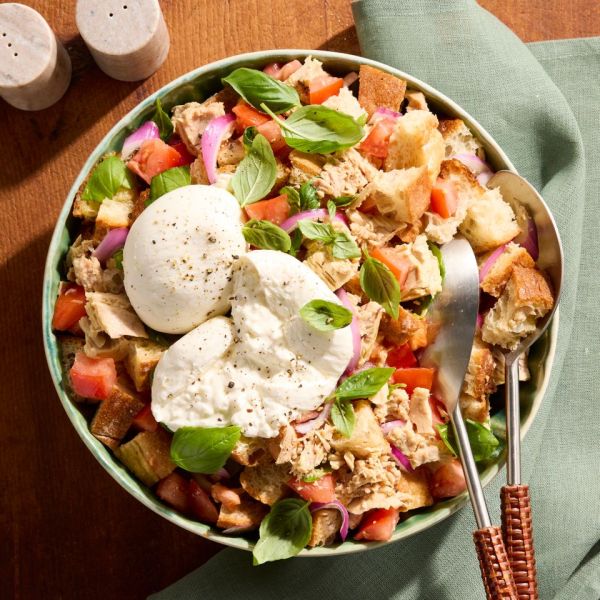 A recipe image of Panzanella with Burrata & Tuna Credit: Photographer: Jacob Fox, Food Stylist: Sammy Mila, Prop Stylist: Joseph Wanek.