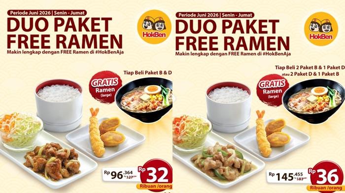 PROMO HOKBEN - Paket Duo Paket Free Ramen . Makan keyang mulai Rp 32.000 per orang. (Instagram@hokben.id)